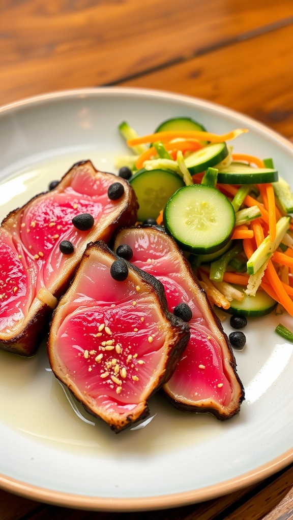 Seared tuna steaks with Sichuan peppercorns served alongside a refreshing cucumber slaw on a rustic table.